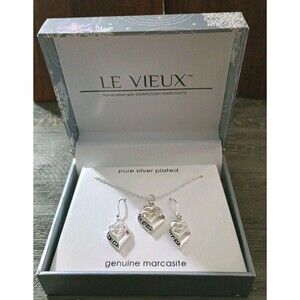 Le Vieux Silver-Plated Swarovski Marcasite Hearts Pendant Necklace Earrings New